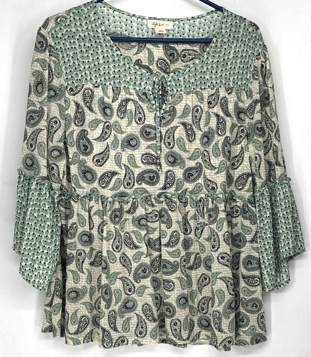 Style & Co. Sage Green & Beige Paisley 3/4 Bell Sleeve Nylon Boho Shirt Top PXL